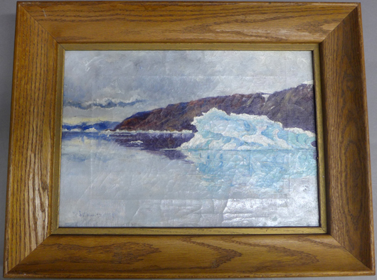 Frank Wilbert Stokes (American, 1858-1955), oil on canvas, Arctic land/seascape, SLL, 14 x 9¼ inches (sight). Sterling Associates image 